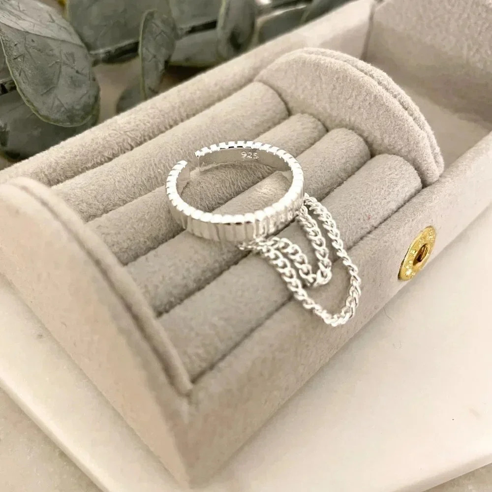 925 Sterling Silver Dangle Chain Drop Ring Minimalist Dainty Ring - Picture 6 of 7